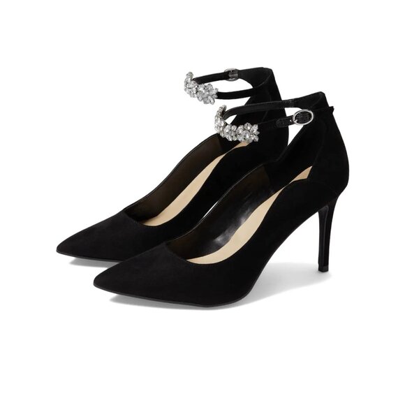 Marc FisherDancee Embellished Rhinestone Ankle Strap Black Pump Heels Sz 8.5 - Picture 1 of 8